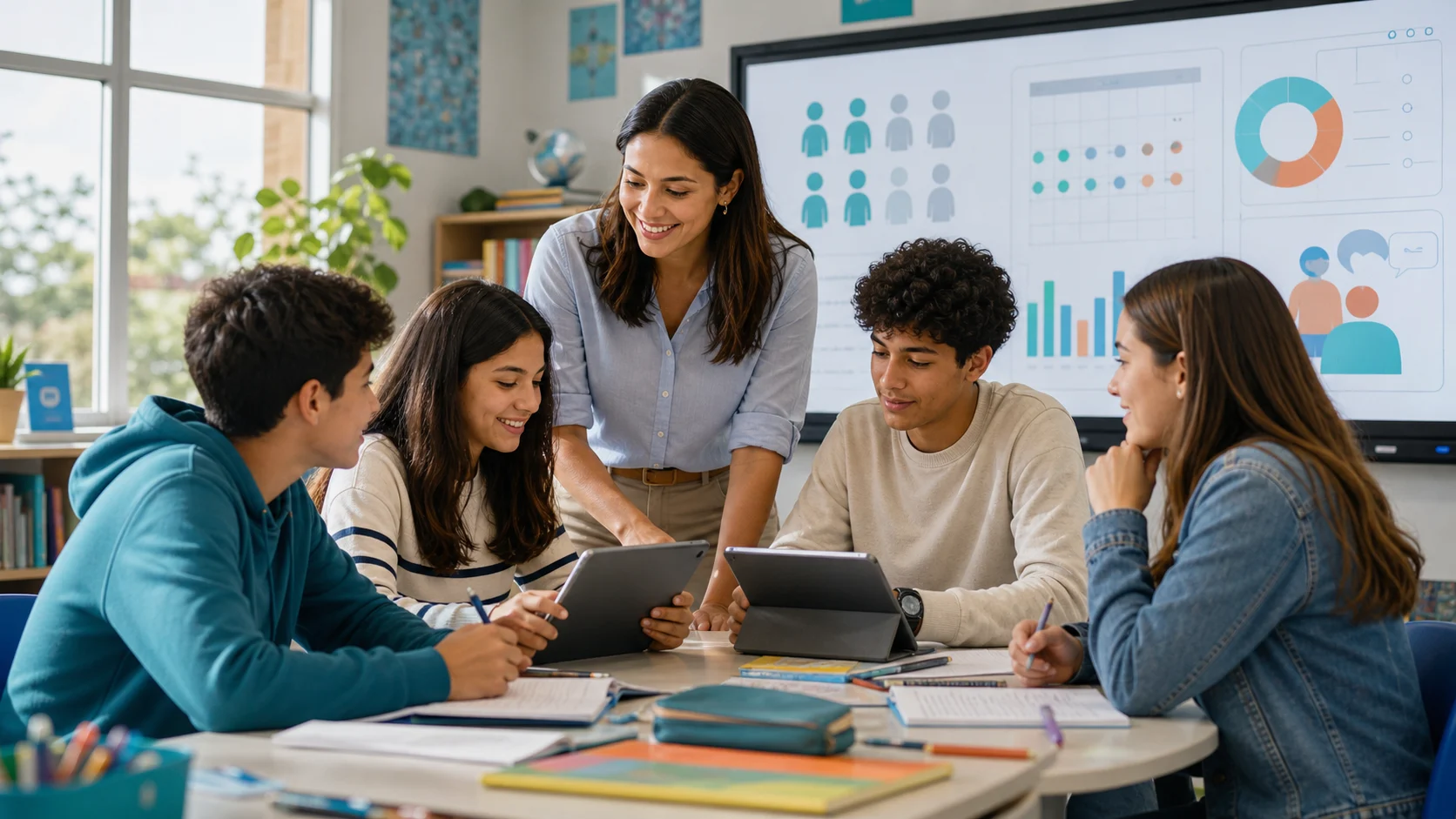 Docente y estudiantes usando tecnología en el aula