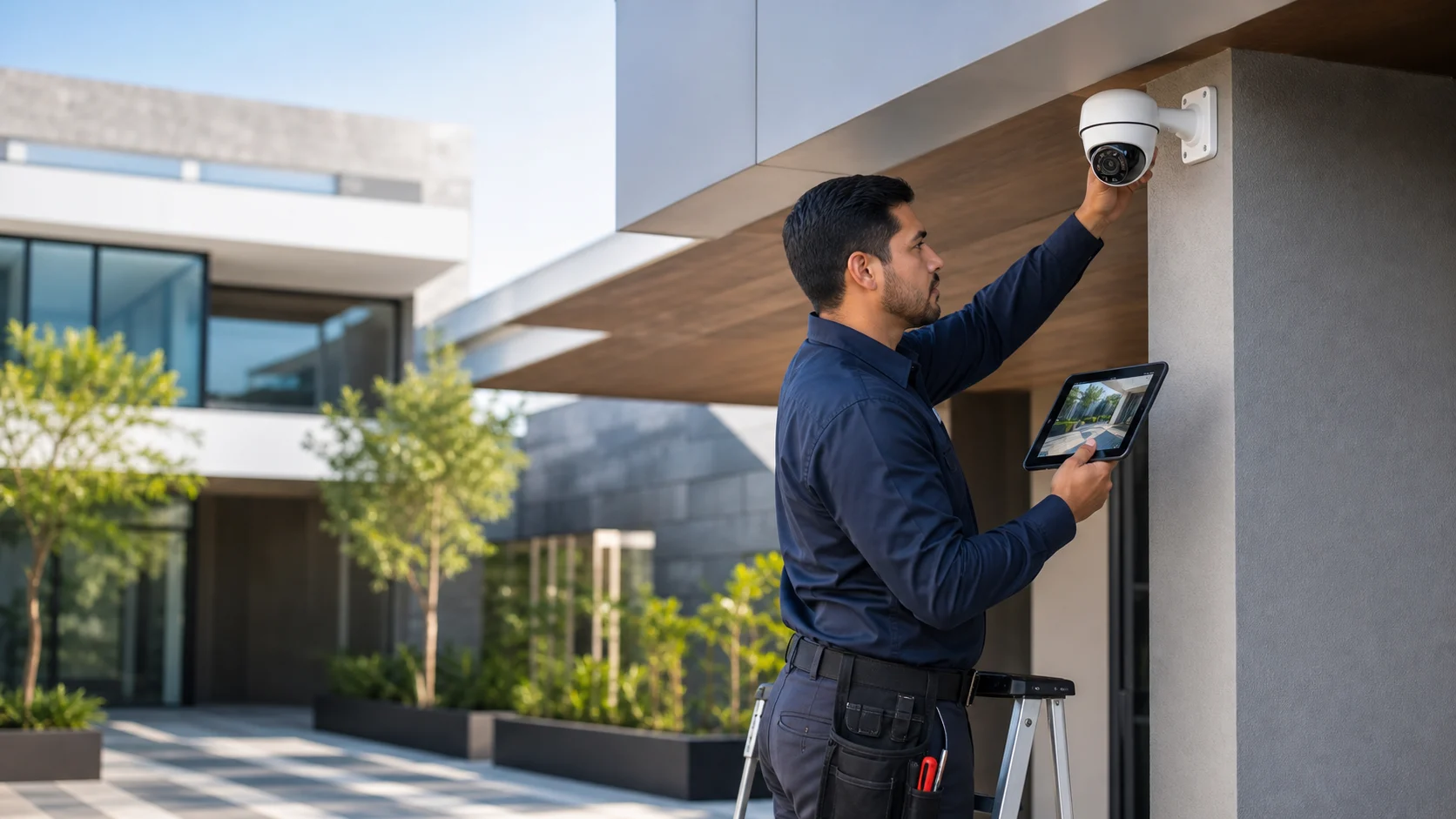 Técnico instalando y configurando una cámara de seguridad IP